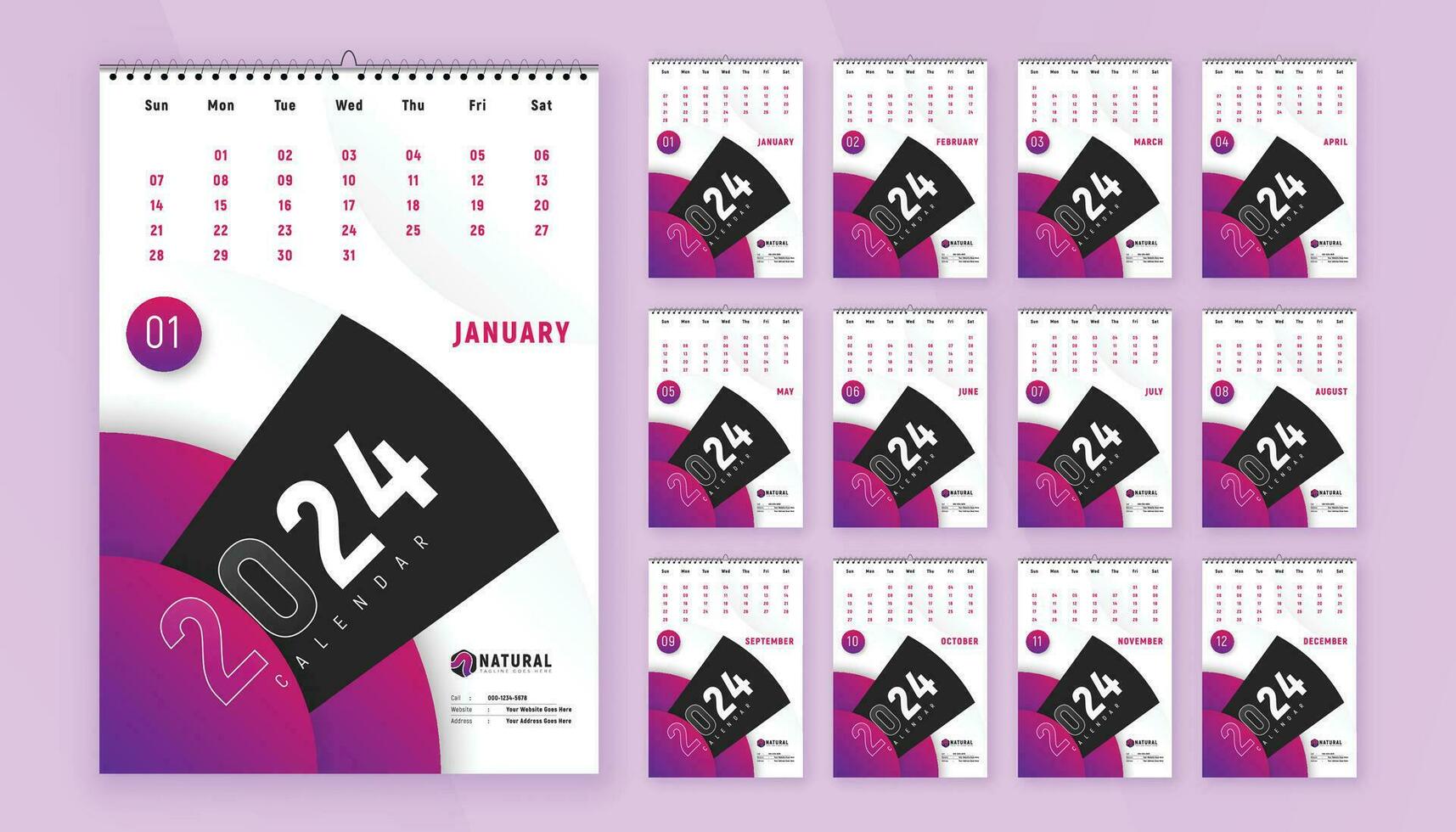 mensual calendario modelo diseño para 2024 año. semana empieza en domingo. pared calendario en un minimalista y creativo estilo. vector