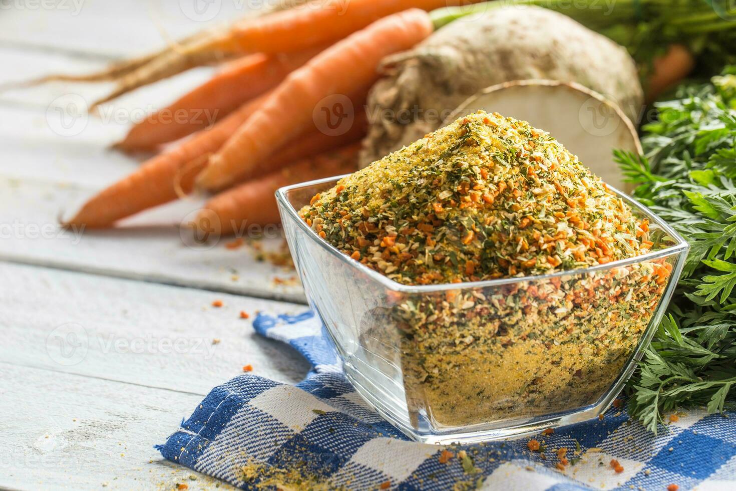 Seasoning spices condiment vegeta from dehydrated carrot parsley celery parsnips and salt with or without glutamate photo