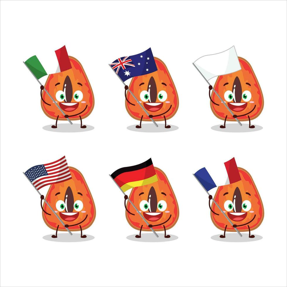 Slice of mamey cartoon character bring the flags of various countries vector