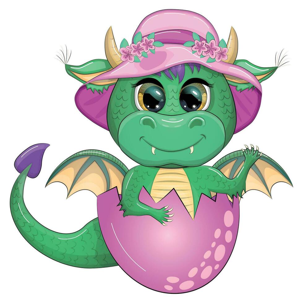 Cute cartoon green baby dragon in a summer hat, swim ring. Symbol of 2024 according to the Chinese calendar. vector
