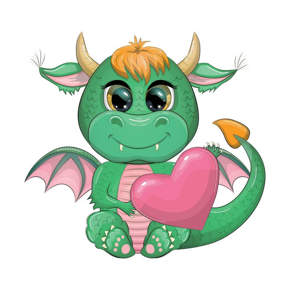 Cute cartoon green dragon with a heart, declaration of love, Valentines day. Symbol of 2024 according to the Chinese calendar. vector