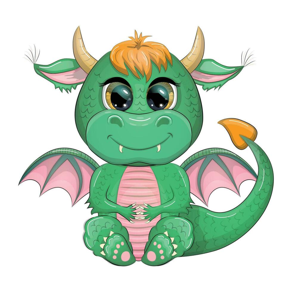 Cute cartoon green baby dragon with horns and wings. Symbol of 2024 according to the Chinese calendar vector