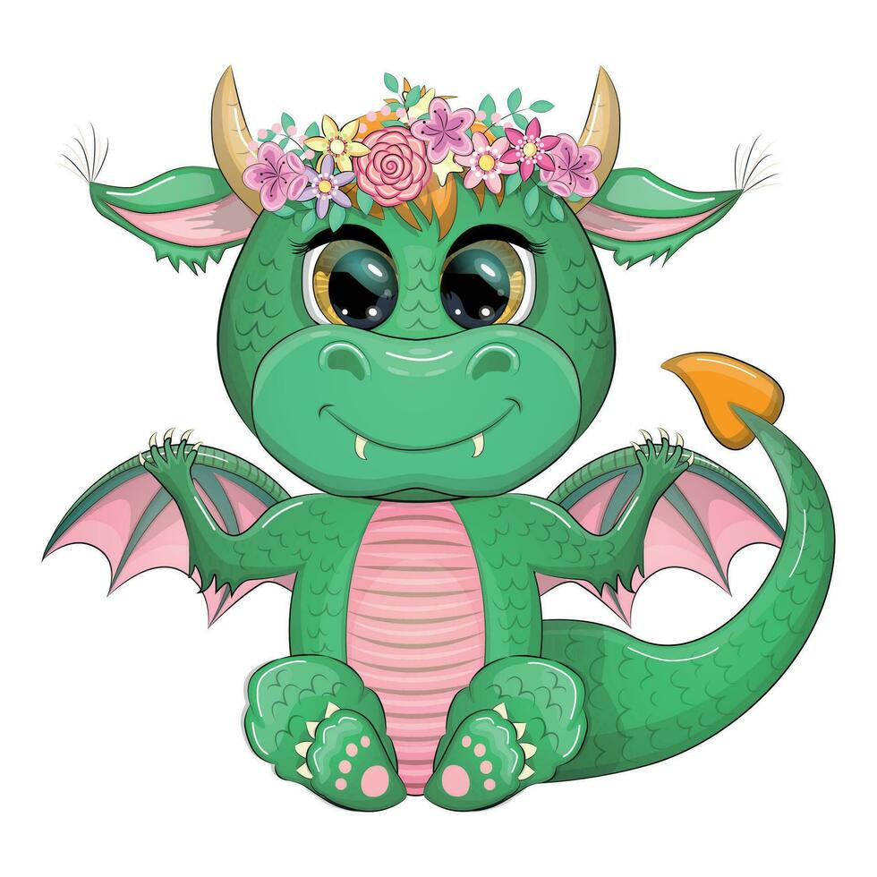 Cute cartoon green baby dragon with horns and wings. Symbol of 2024 according to the Chinese calendar vector