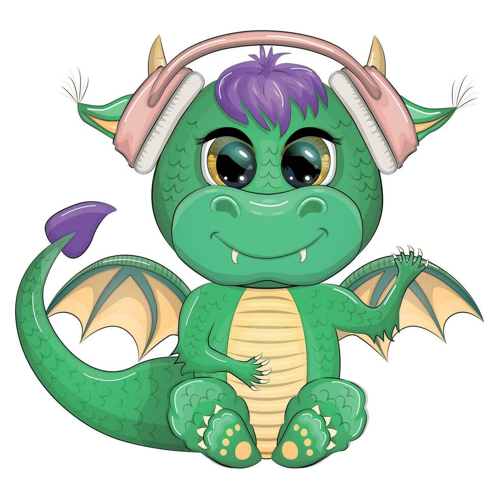 Cute cartoon green dragon in headphones listens to music. Symbol of 2024 according to the Chinese calendar. vector