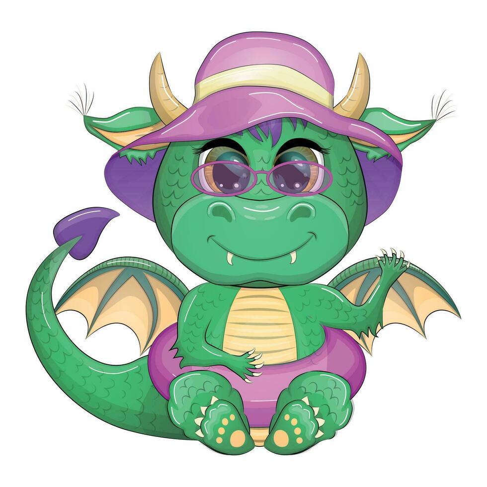 Cute cartoon green baby dragon in a summer hat, swim ring. Symbol of 2024 according to the Chinese calendar. vector