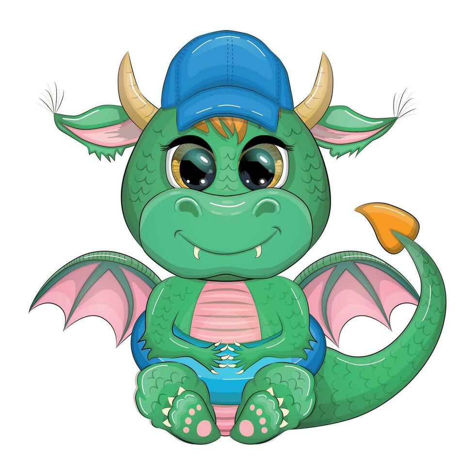 Cute cartoon green baby dragon in a summer hat, swim ring. Symbol of 2024 according to the Chinese calendar. vector