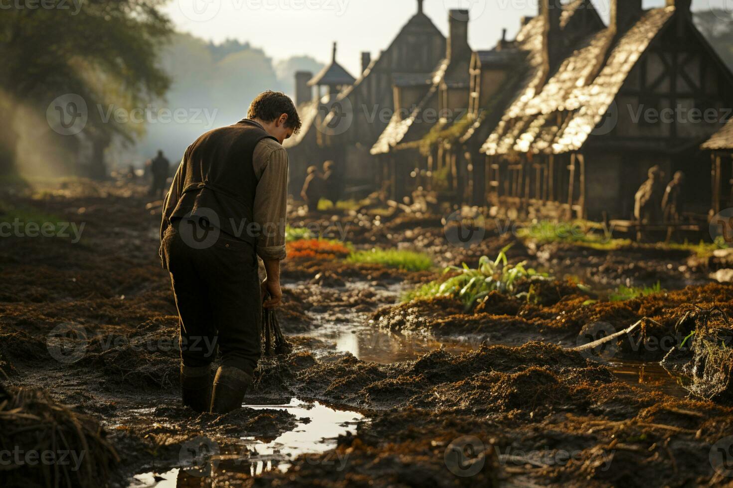 A farmer from behind at a barnyard handling domestic animal photo
