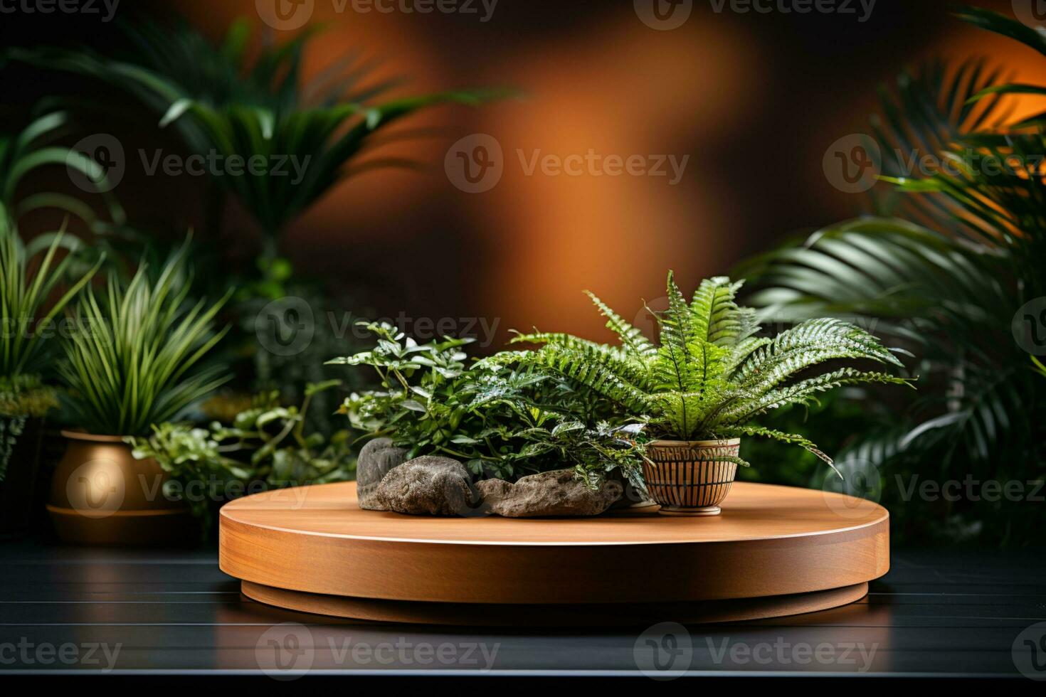 Wooden podium with natural plants and flower, minimalist background photo