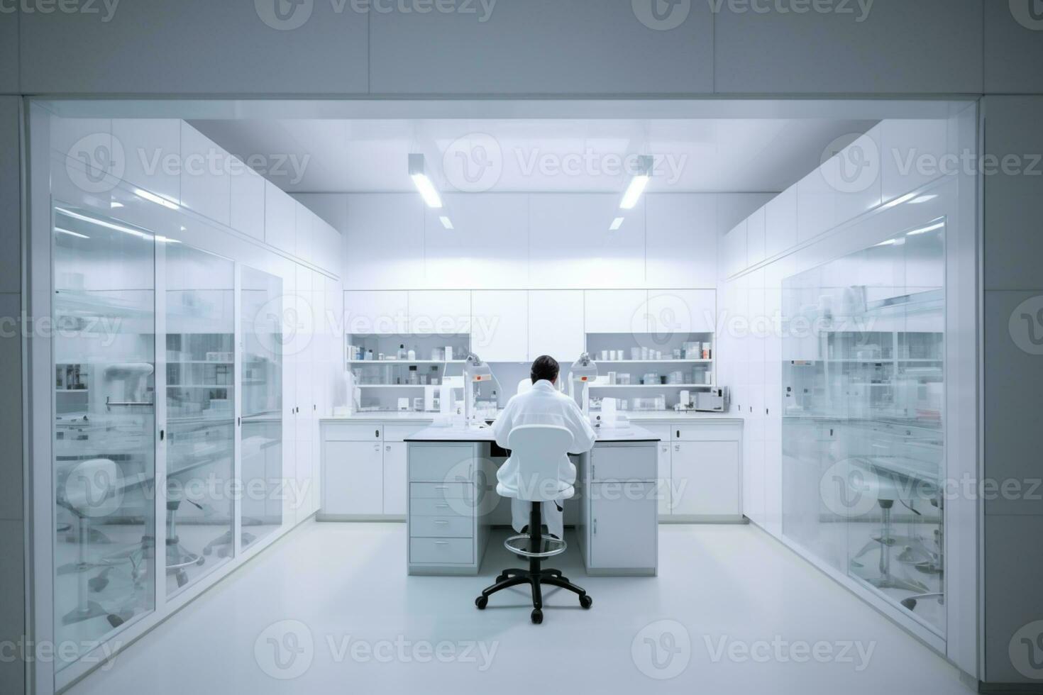 Scientist working on hi-tech lab, white minimalist environment photo