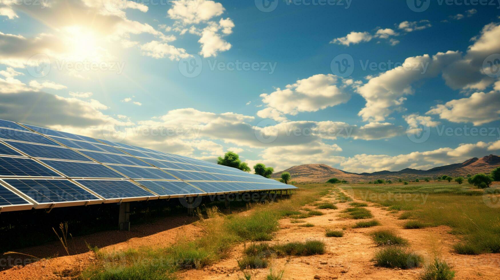 solar energy panels in the desert with blue sky and white clouds photo