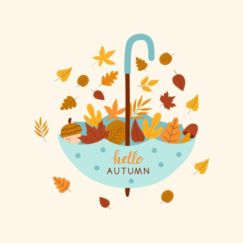 Hello autumn card with beautiful leaves. Hand draw vector illustration.