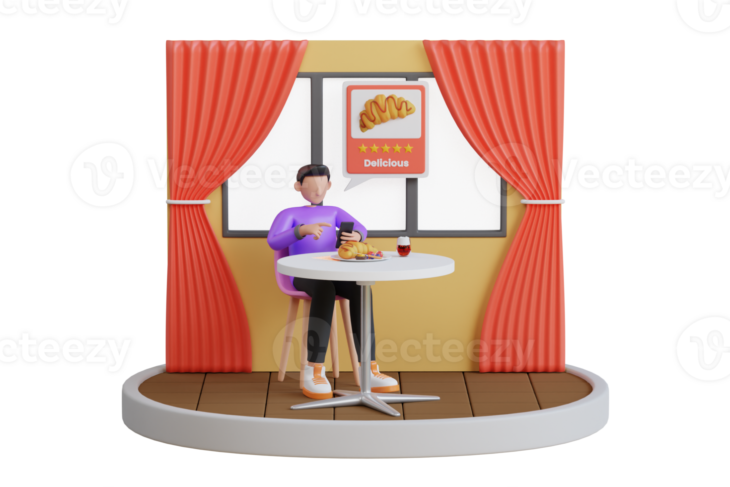 Mann geben fünf Sterne Rezension zum das Restaurant Service. Bedienung Bewertung Bewertungen und Befriedigung Umfrage Konzept. 3d Illustration png