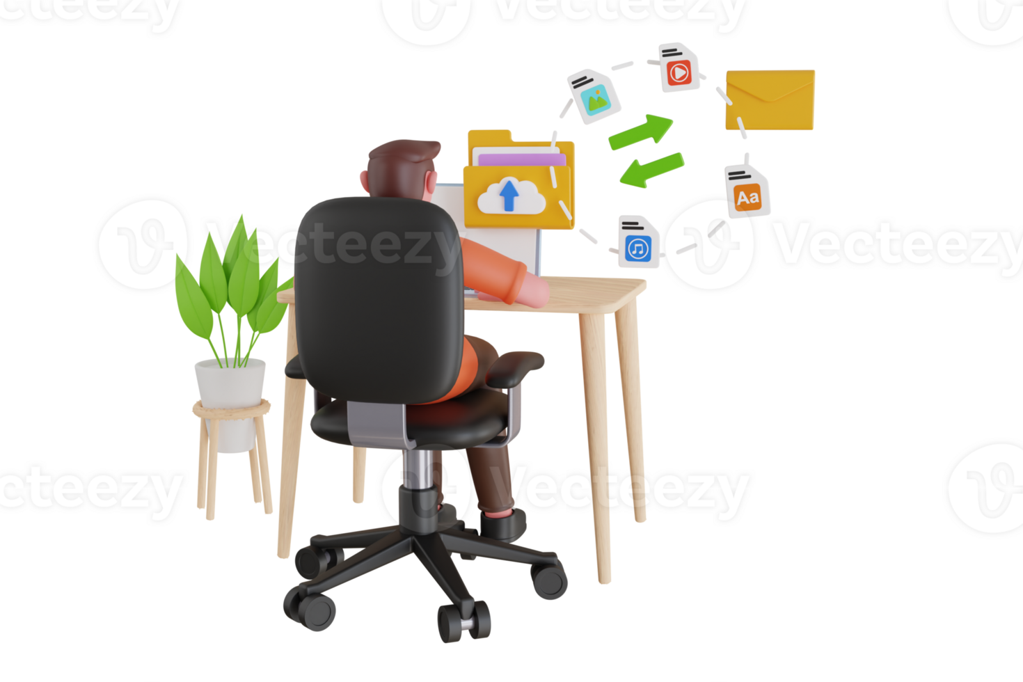 People access email storage and backups on a cloud network system technology. Laptop with open screen, open email and cloud storage. Email management 3d illustration png