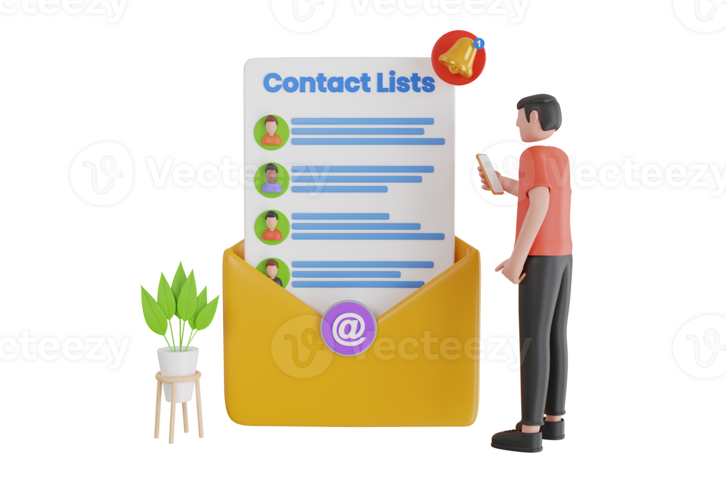 3d illustration of email contact list apps for mobile. Concept for email list, mailing list and contact list. png