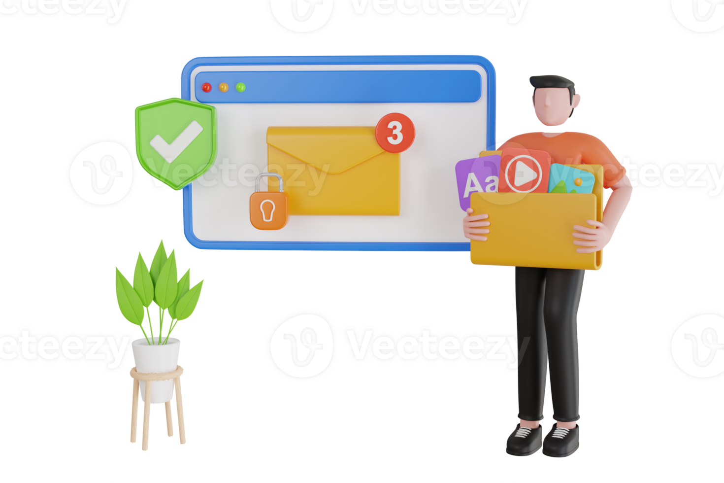 3D Illustration of Email encrypted and online backup service. E-mail protection, anti-malware and anti spam. 3d illustration png