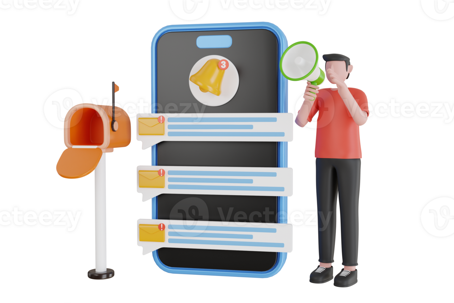 Email notification 3d illustration. envelope with incoming message on smartphone screen. Message inbox notification, Email alert and Email marketing. png