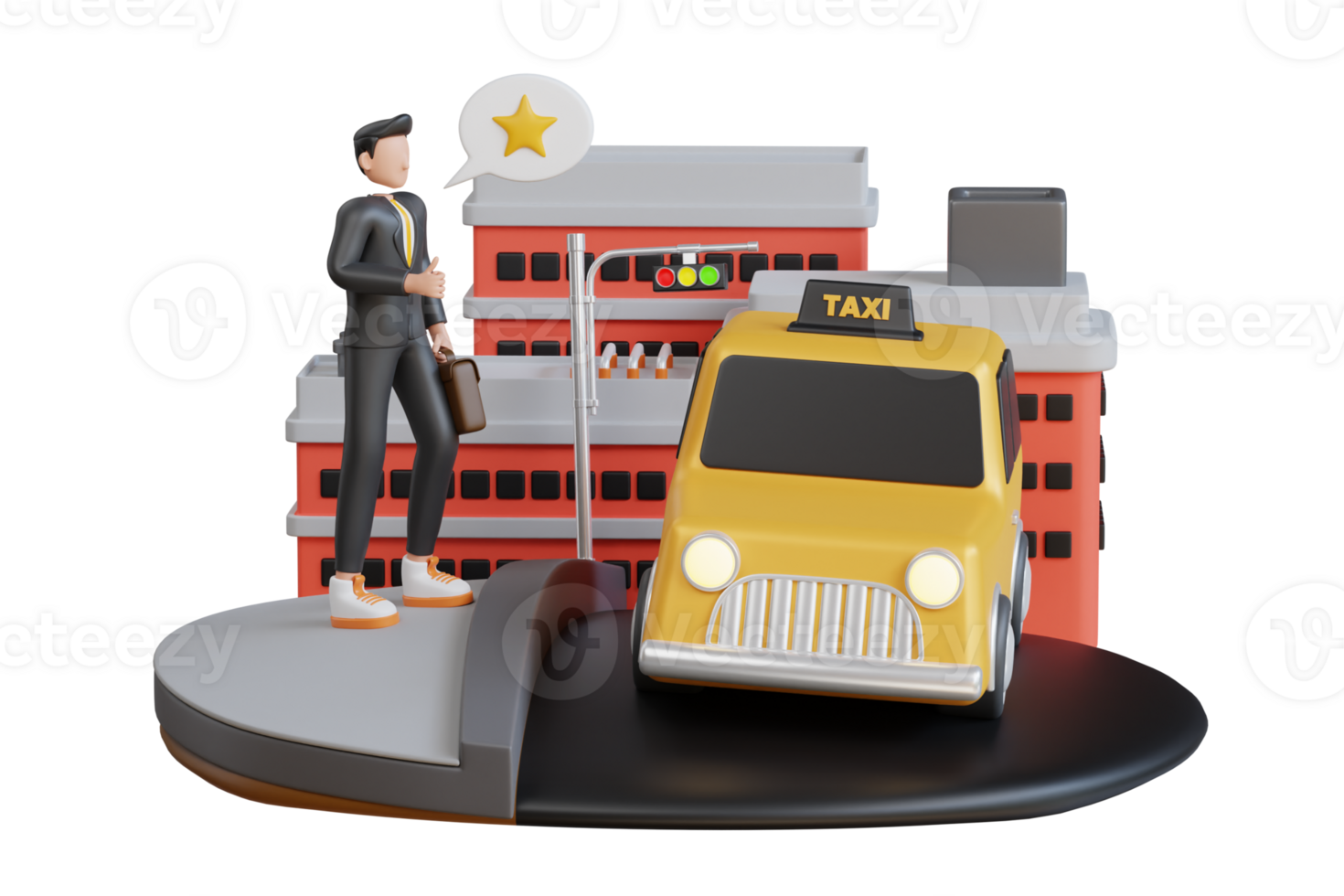Businessman Giving Feedback On The Taxi Service. Taxi service concept. Taxi web application, booking service, passenger transportation. 3d illustration png