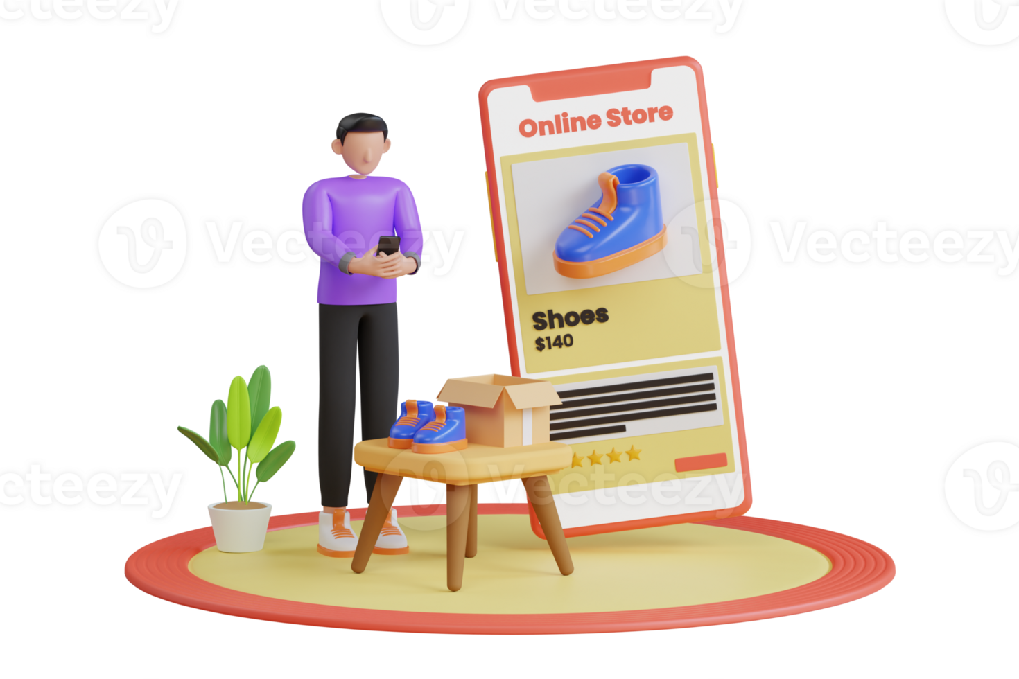 Man shopping online on website with smartphone and giving five stars rating. Online shopping with give 5 rating and review. Customer rate for success work. 3d illustration png