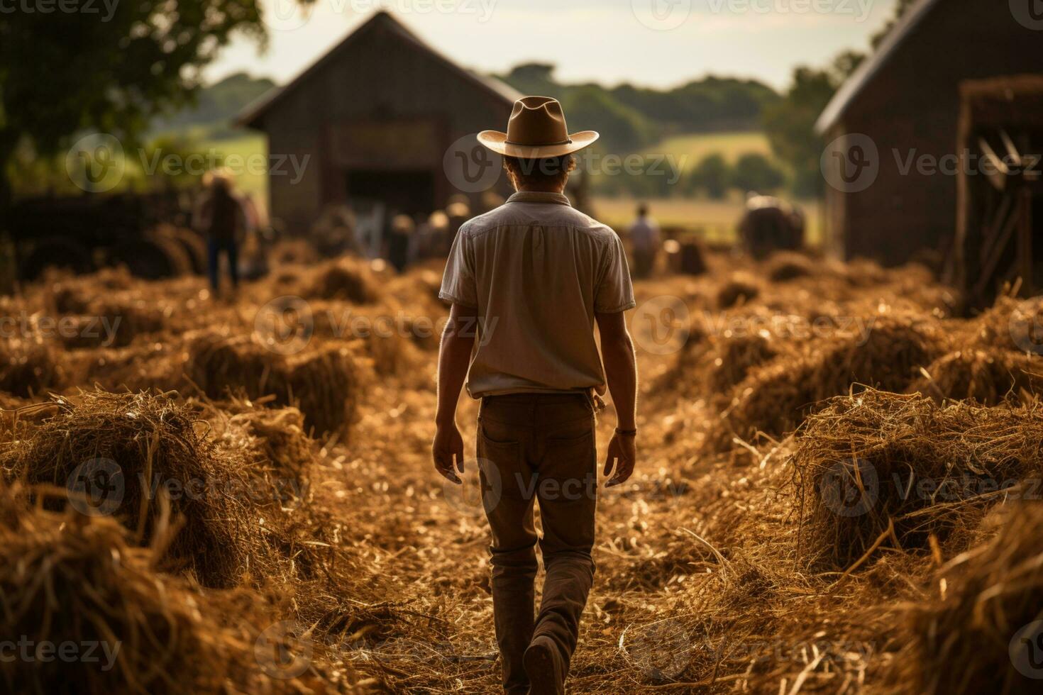 A farmer from behind at a barnyard handling domestic animal photo