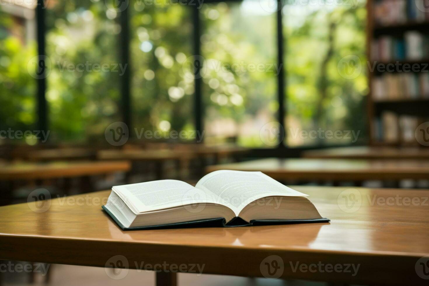 Open book on a wooden table with blurred library background eyelevel view photo