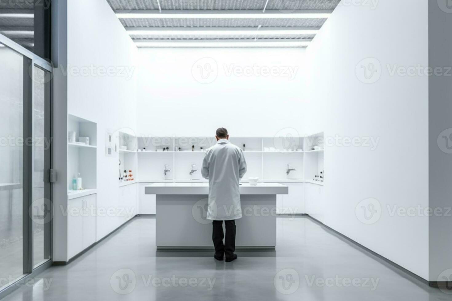 científico trabajando a de alta tecnología laboratorio con minimalista blanco ambiente foto