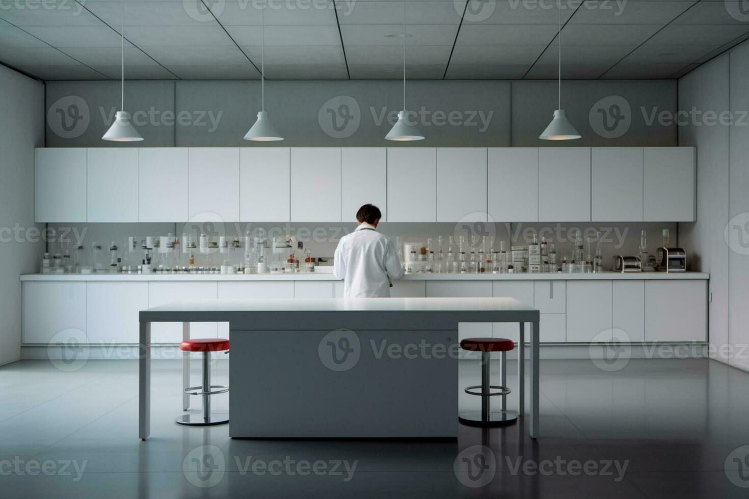 científico trabajando a de alta tecnología laboratorio con minimalista blanco ambiente foto