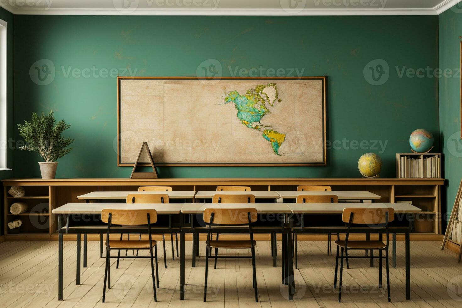 foto salón de clases interior con colegio escritorios sillas y verde tablero vacío colegio salón de clases