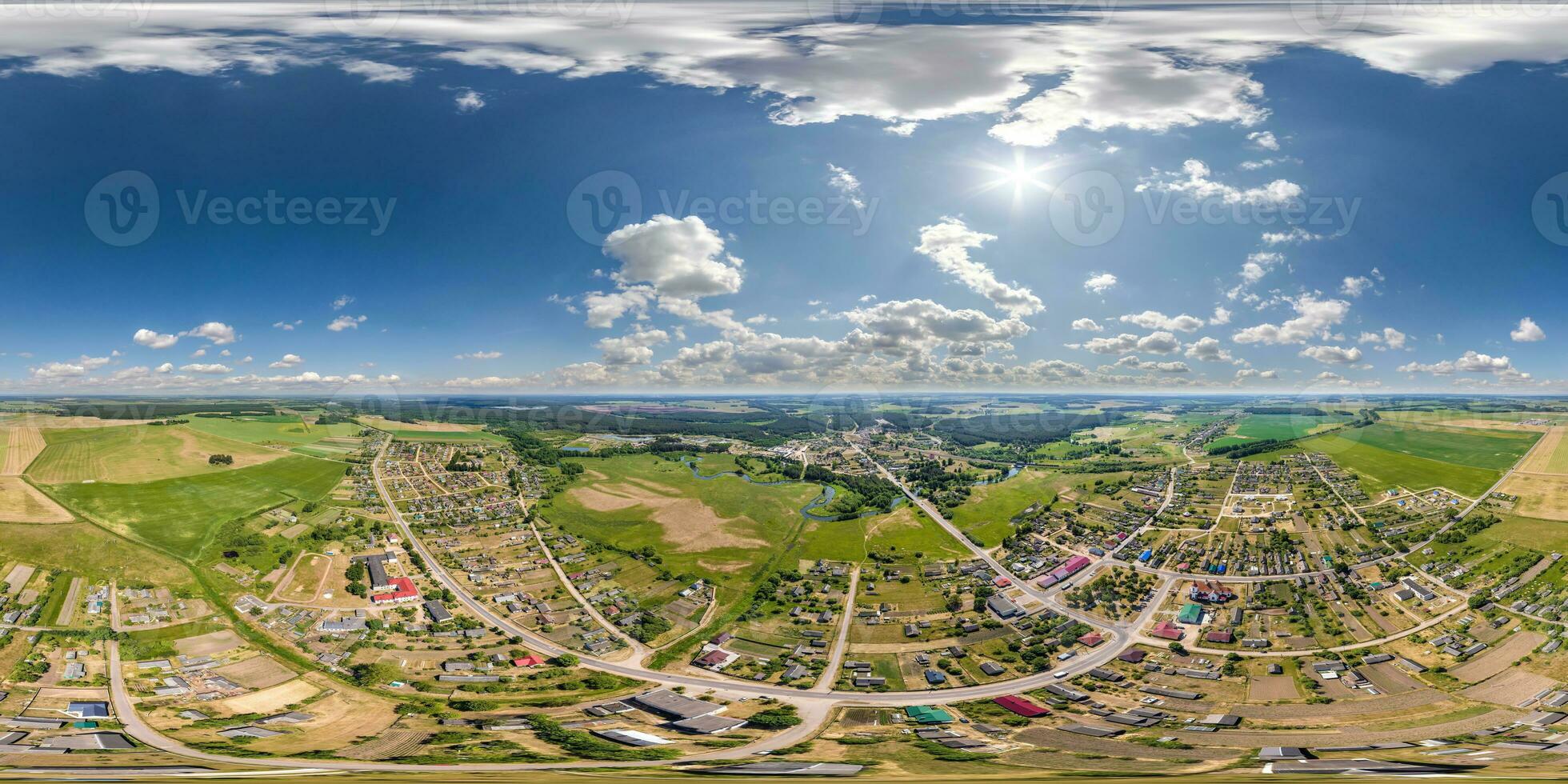 aerial hdri 360 panorama view over provincial town from great height at evening in equirectangular seamless spherical  projection. may use like sky replacement for drone 360 panorama photo