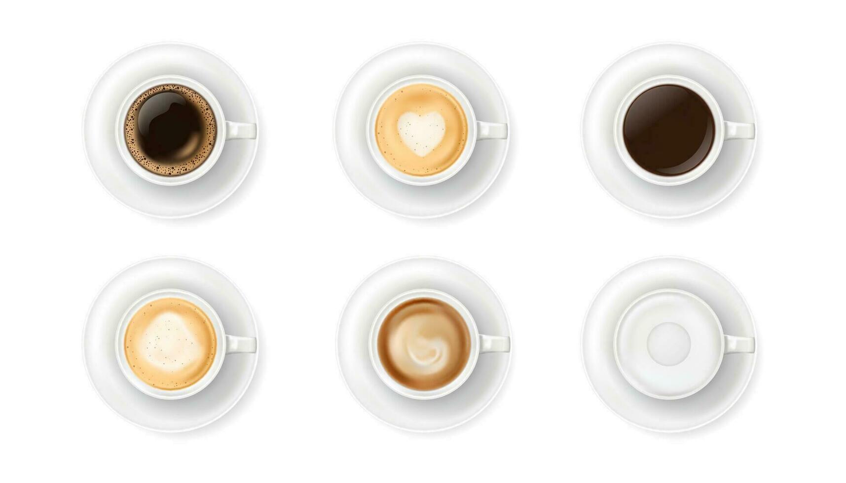 Top view at different white coffee cups on plates. Realistic vector illustration of various hot coffee drinks mugs - espresso, latte, cappuccino, americano. 3d caffeine beverage elements for cafe menu