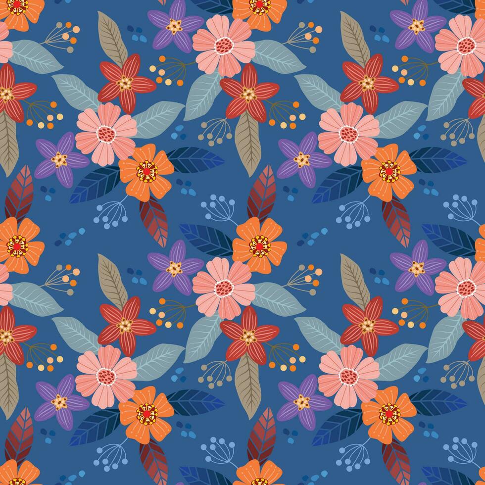 Cute colorful flowers on blue color seamless pattern. vector