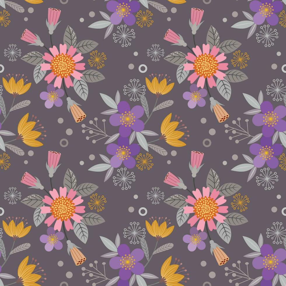 Abstract flowers on brown color background seamless pattern. vector