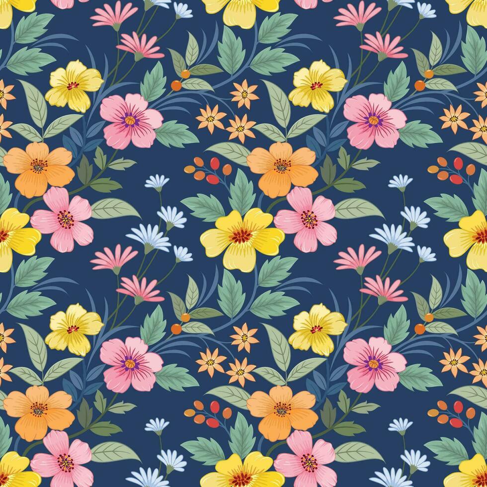 Beautiful yellow, pink, orange flowers with green leaf on dark blue seamless pattern. vector