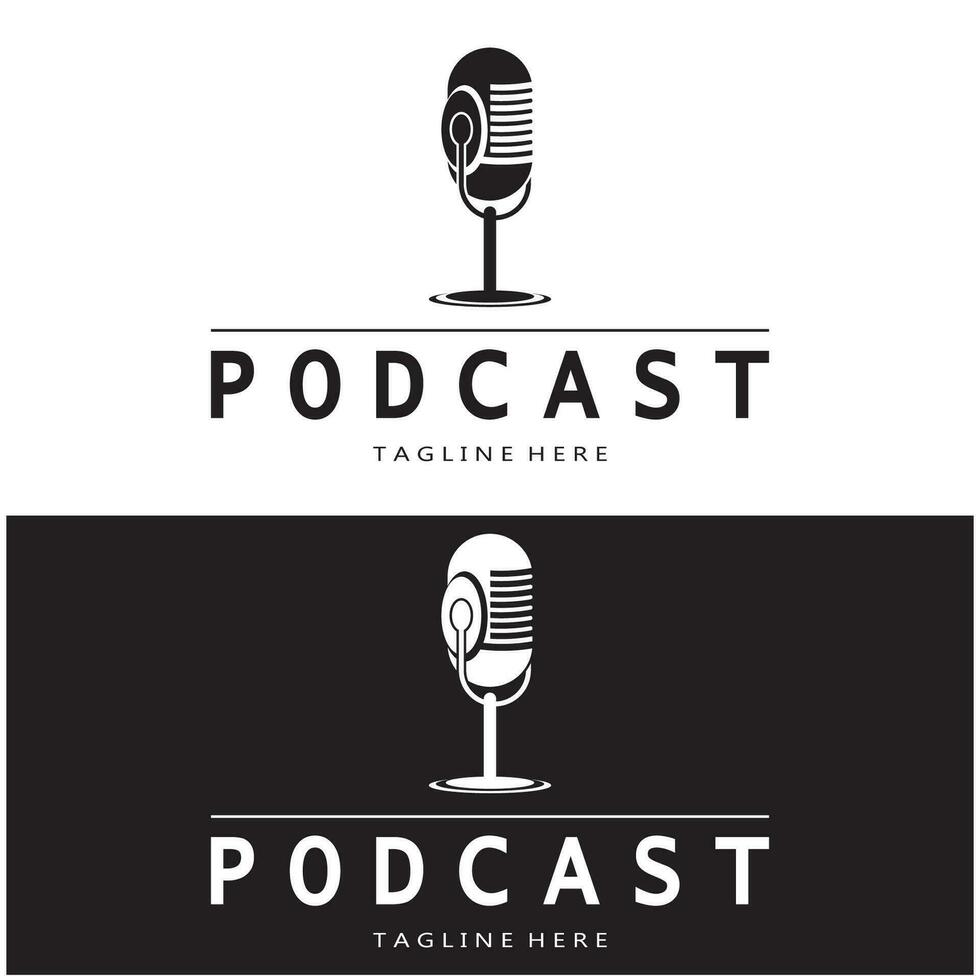 podcast logo with microphone and earphone audio, radio waves. for studio, talk show, chat, information sharing, interview, multimedia and web. vector