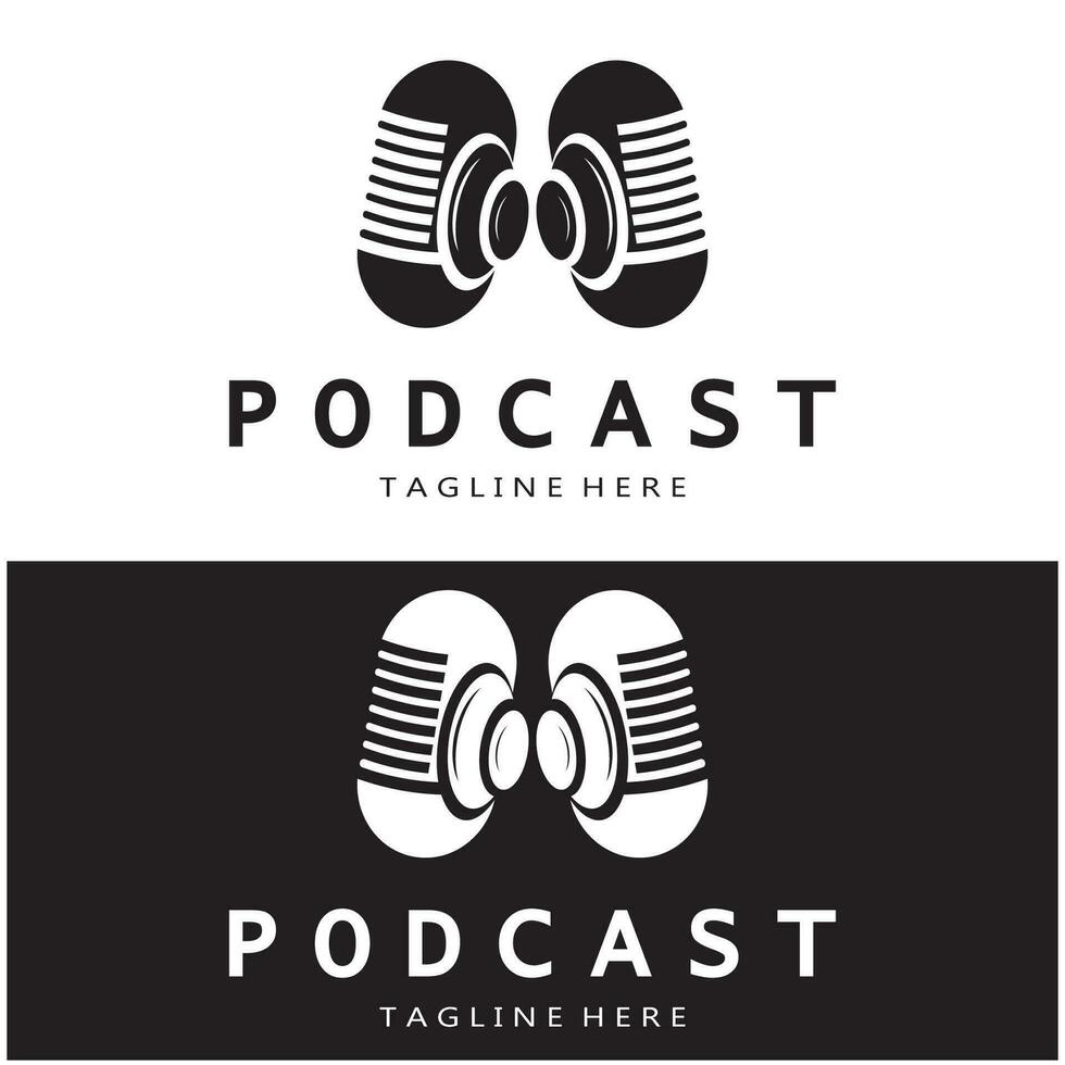 podcast logo with microphone and earphone audio, radio waves. for studio, talk show, chat, information sharing, interview, multimedia and web. vector