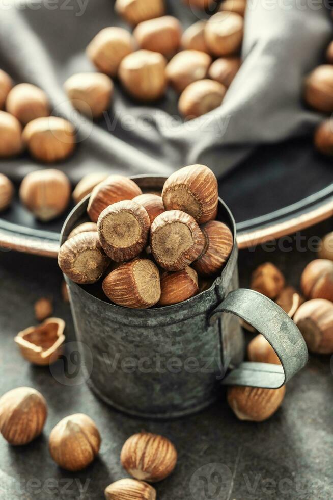 Hazelnuts and their cracked shells on a vintage dark metallic background, in a metallic cup and on a tray with a cloth photo