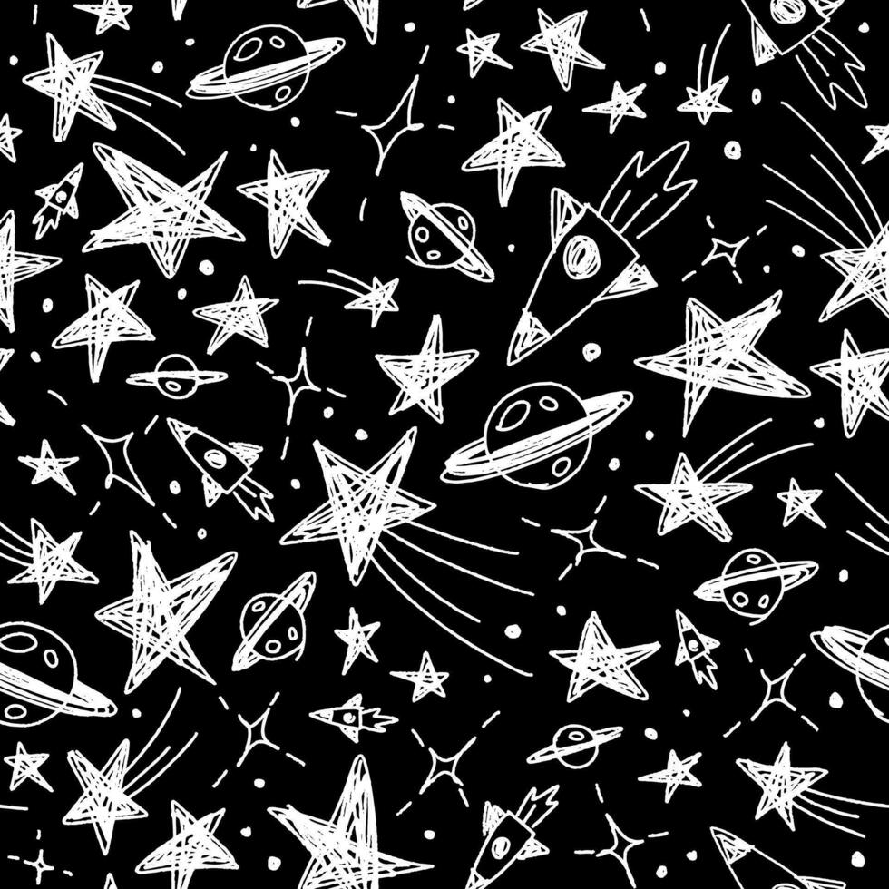 Cute Confetti Star Galaxy Space Night Sky Meteor Shooting Star Planet Saturn Rocket. Sprinkle Sparkle Shine. Doodle Scribble Sketch Brush Pen Ink. Abstract White Seamless Pattern Black Background. vector