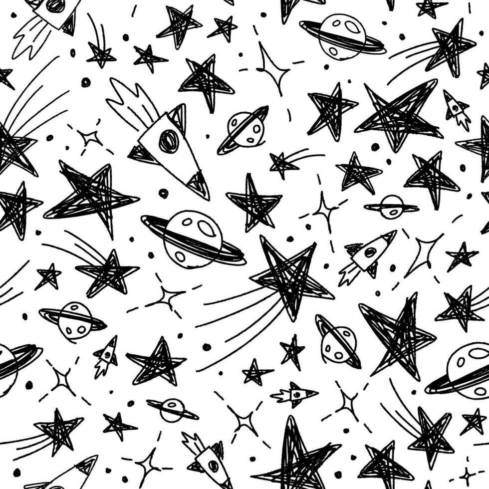 Cute Confetti Star Galaxy Space Night Sky Meteor Shooting Star Planet Saturn Rocket. Sprinkle Sparkle Shine. Doodle Scribble Sketch Brush Pen Ink. Abstract Black Seamless Pattern White Background. vector