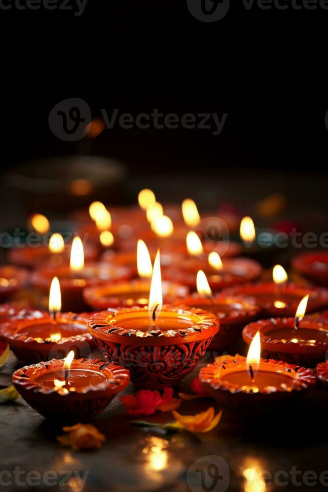 Diwali Clay Diya lamps are lit during Diwali or Deepavali celebrations photo