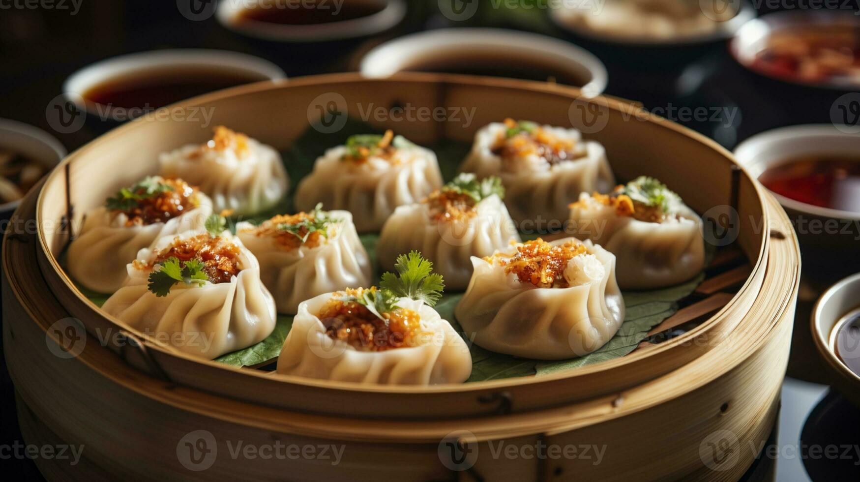 a bamboo plate of dumplings with sauce and garnish photo