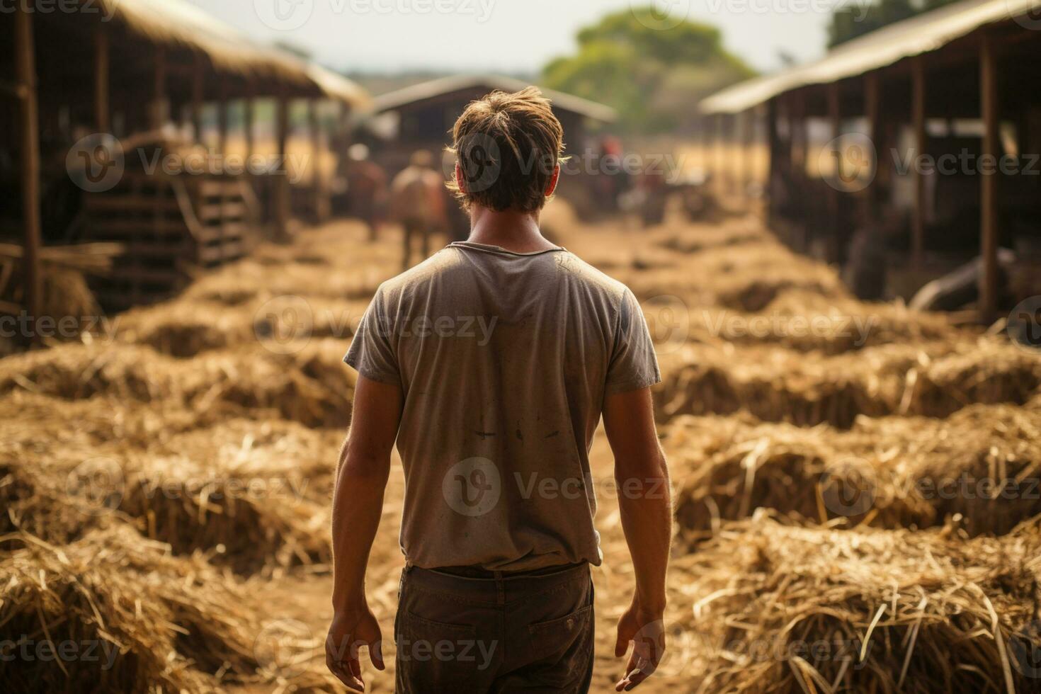 A farmer from behind at a barnyard handling domestic animal photo