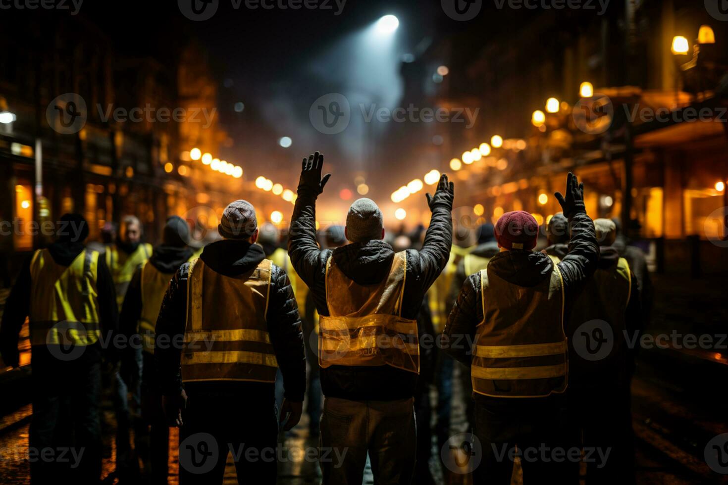 Constructions workers walking on the street celebrating photo