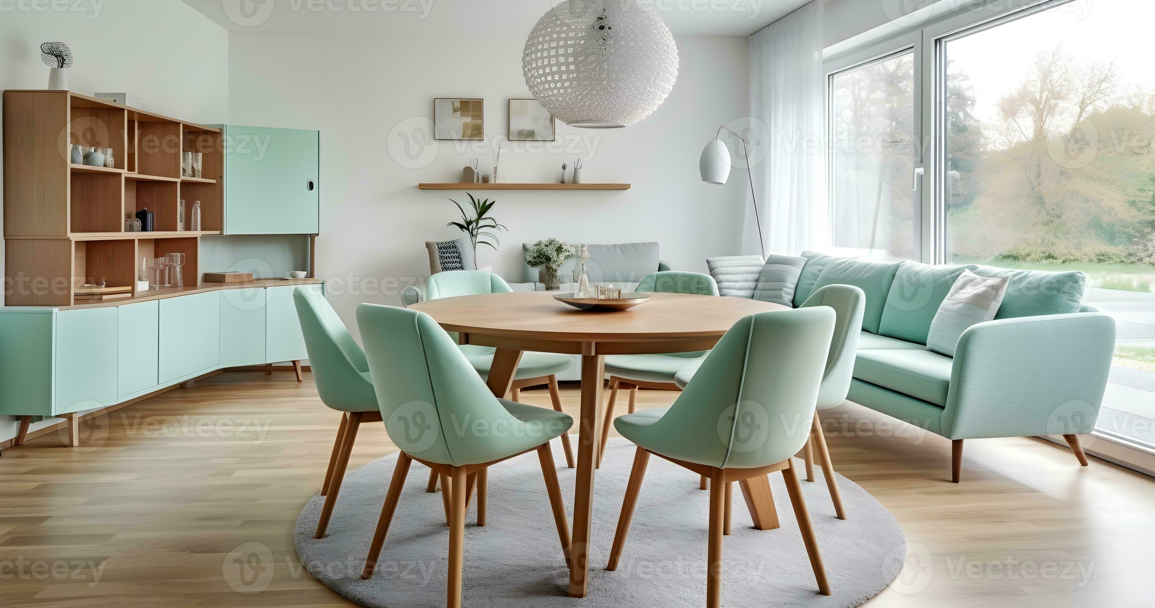 Elevate Your Interior mint color chairs at round wooden dining table in