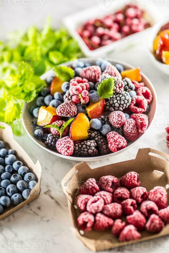 Frozen fruits blueberries blackberry raspberry red currant peach and herbs melissa photo
