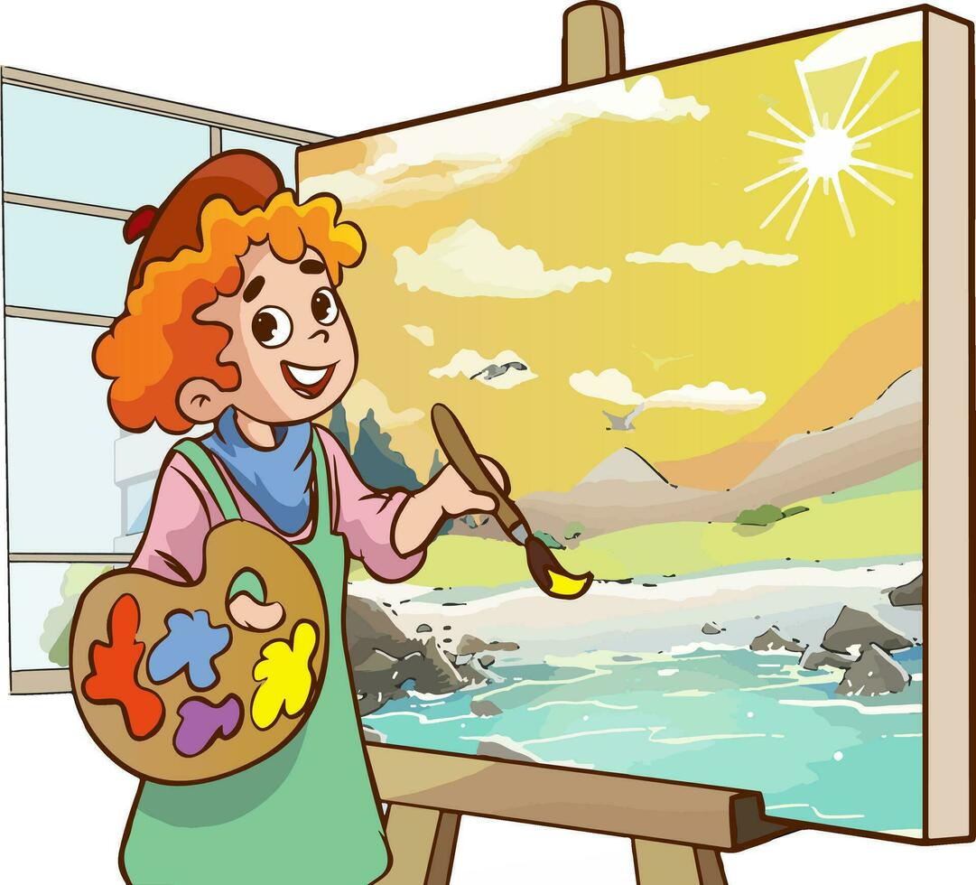 vector illustration of oil painting artist kids