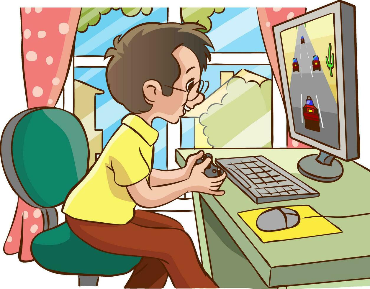 vector ilustración de linda chico jugando juego en computadora