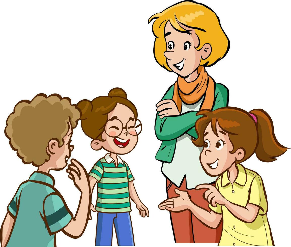 vector illustration of teacher asks her students questions