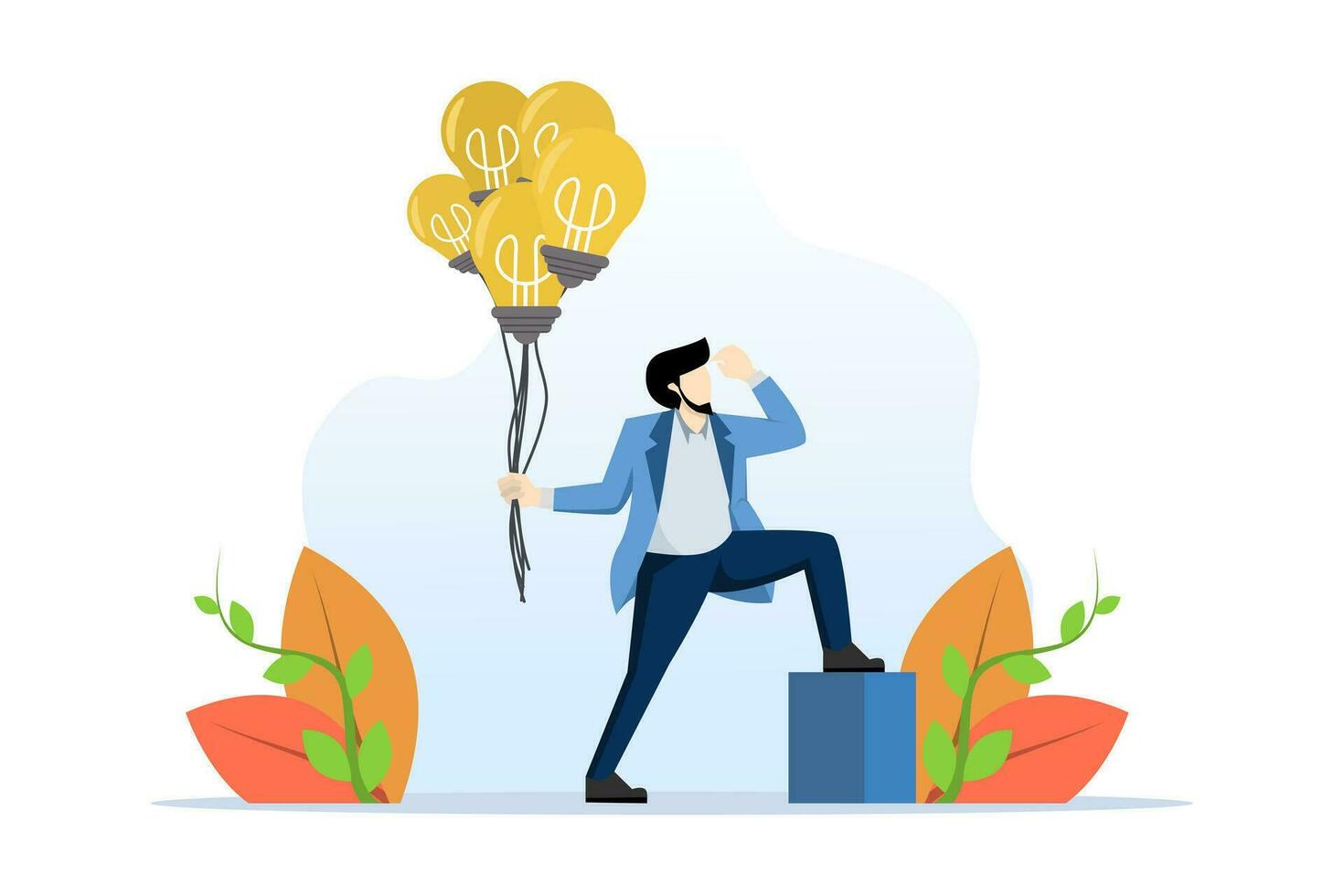 idea concept of innovation, creativity, solution or smart thinking, inspiration, imagination or wisdom to develop business plan, invention, smart businessman holding light bulb idea balloon. vector