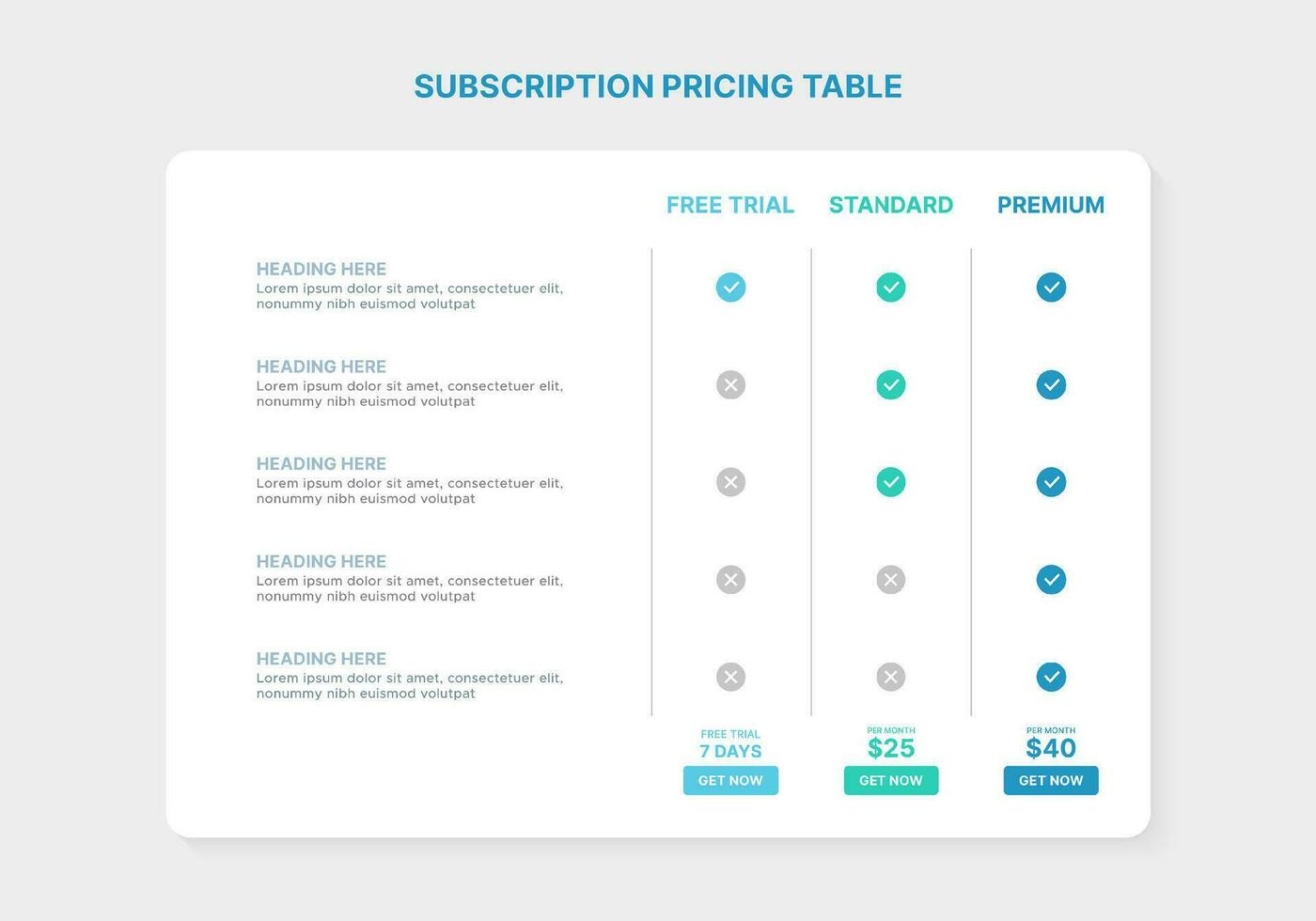 suscripción fijación de precios mesa paquetes comparación infografía modelo con 3 planes vector