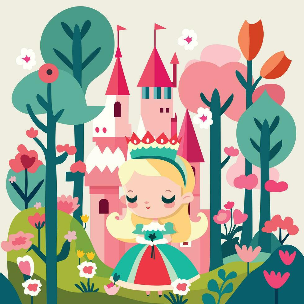 Cartoon Princess And Pink Castle In Fairy Tale Land vector