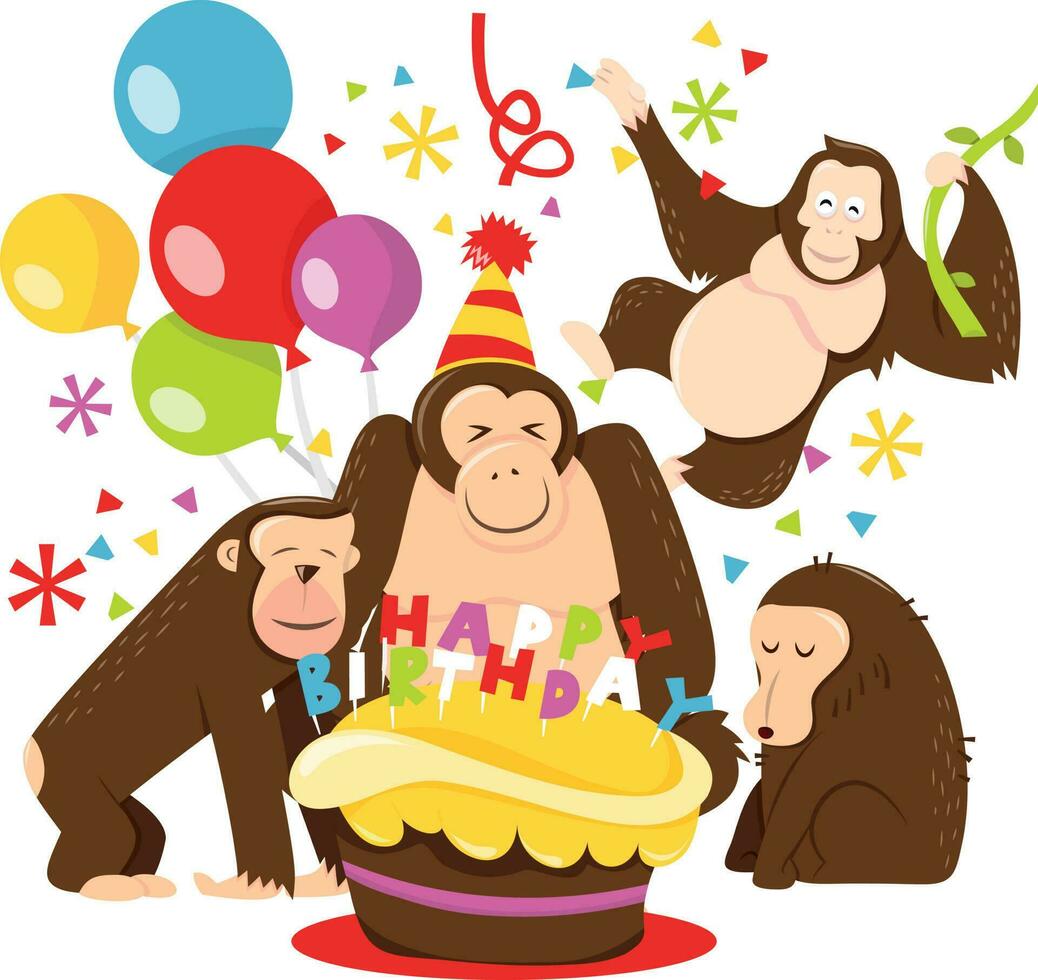 dibujos animados monos cumpleaños fiesta vector